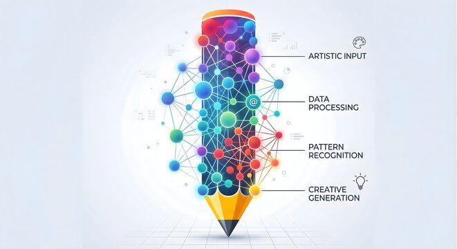Pencil composed of colorful connected nodes and spheres representing artistic input data processing pattern recognition and creative generation technology