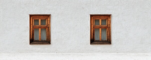 Obraz premium Two rustic wooden framed set into heavily textured white stucco exterior wall