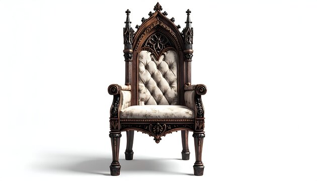 A richly detailed wooden throne against a white background, featuring ornate carvings, a button-tufted back, and curved armrests