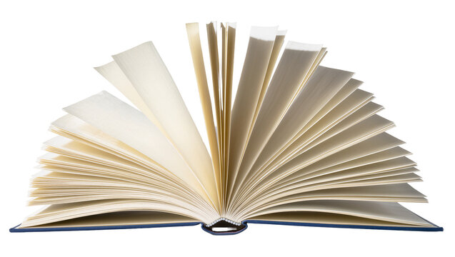 Isolated open book with fanning pages showing dynamic movement and a vintage paper texture.