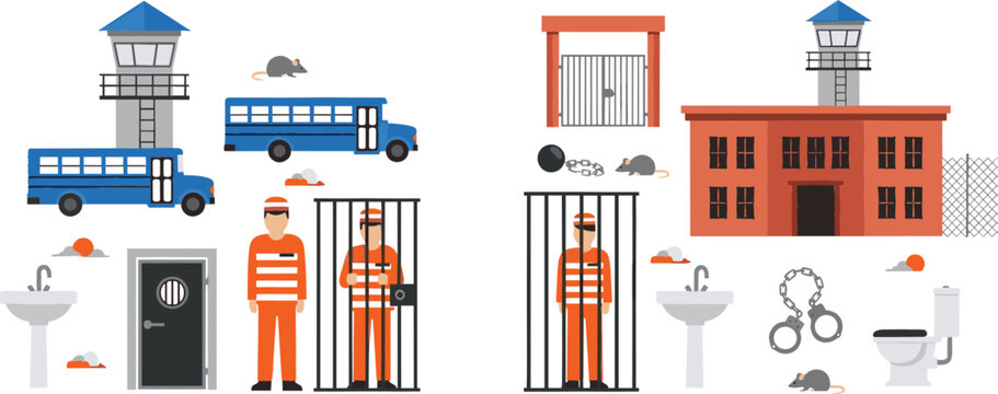 Prison Elements Set with Jail Building Guards Prisoners Cells Handcuffs Bus and Security Objects Flat Vector Illustration Collection