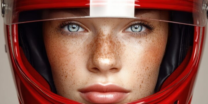 Close-up portrait of a young woman with freckles wearing a red racing helmet
