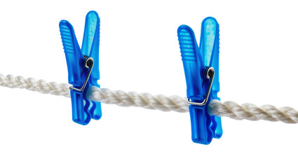 Isolated pair of blue plastic clothespins securely fastened to a white twisted rope © Maria