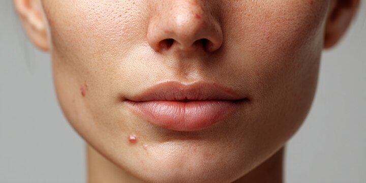 Close-up extreme detail of human skin showing pores and blemishes like acne and pimples