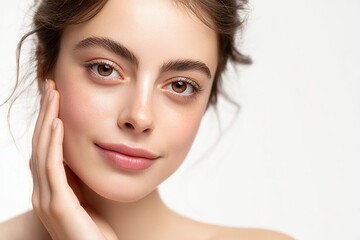 Fototapeta premium Close-up portrait of a young woman with flawless skin and gentle touch on her cheek