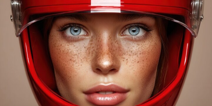 Close-up portrait of a woman with freckles wearing a red racing helmet