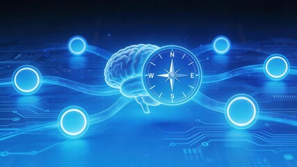 Obraz premium Brain and Compass with Digital Connections in a Technological Circuit Environment