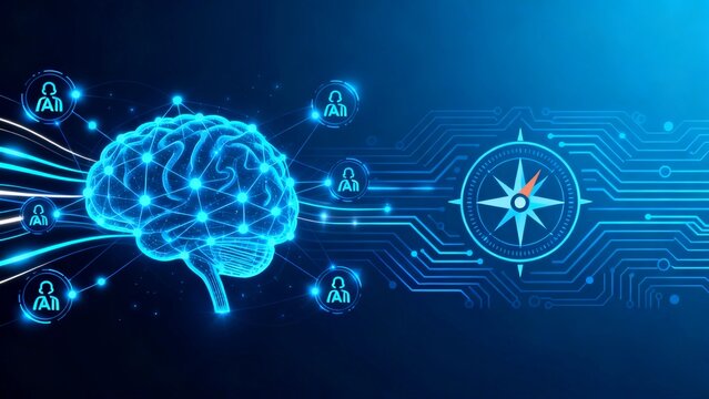 Neon Blue Brain with AI Nodes and Compass on Circuitry Background