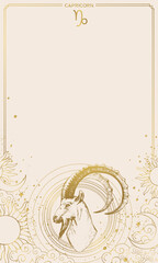Capricorn zodiac sign, vintage beige horoscope background with gold engraving, hand-drawn astrological symbol, modern card with copy space for text. Mystical vector illustration.