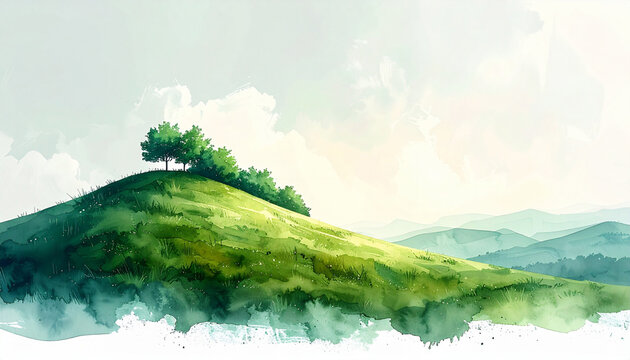 A minimal watercolor landscape with a small green hill placed in the upper left.
Soft May foliage tones with a light gradient sky wash and gentle bleeding.