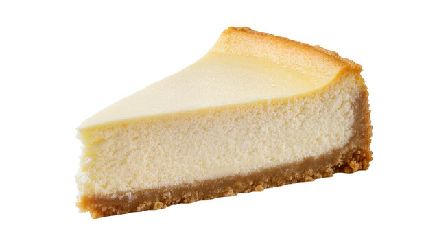 Isolated slice of classic New York style cheesecake with a golden crust, rich and creamy texture