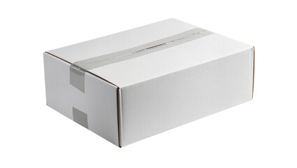 Naklejka premium Isolated white cardboard box ready for shipping or storage, sealed with gray duct tape