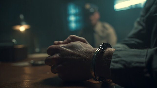 Close-up on restrained hands at a dimly lit table, a person in uniform blurred in the background, conveying a tense situation or interrogation
