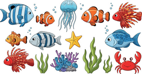Cute Underwater Sea Creatures Set Featuring Colorful Fish Jellyfish Crab Starfish Coral and Ocean Plants Cartoon Marine Life Collection © MstRozinaAkter