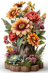 Obraz premium Decorative floral arrangement on rustic stump high resolution picture