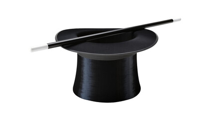 Isolated elegant black top hat and magic wand, symbols of illusion, mystery, and performance © Maria