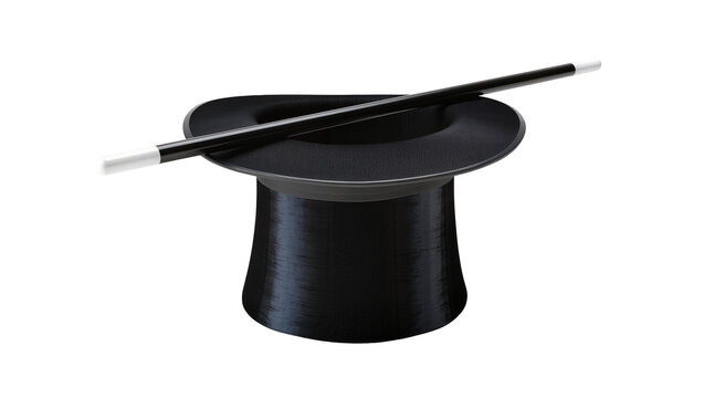 Isolated elegant black top hat and magic wand, symbols of illusion, mystery, and performance