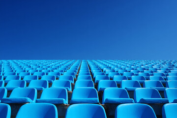Naklejka premium Rows of empty blue stadium seats creating pattern and symmetry. Concept of absence, waiting, event cancellation or audience space with copy space.