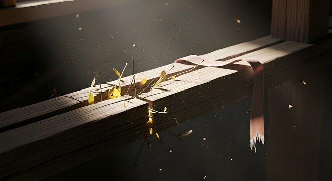 Autumn Leaves and Ribbon on Wooden Bridge in Sunlight