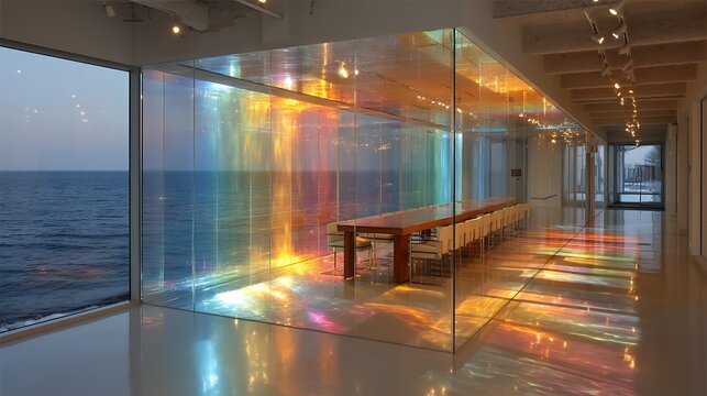 boardroom suspended in crystal prism overlooking ocean