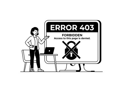 A black and white vector illustration of a woman facing a 403 Forbidden error message on a computer screen, representing restricted access and website connectivity issues.