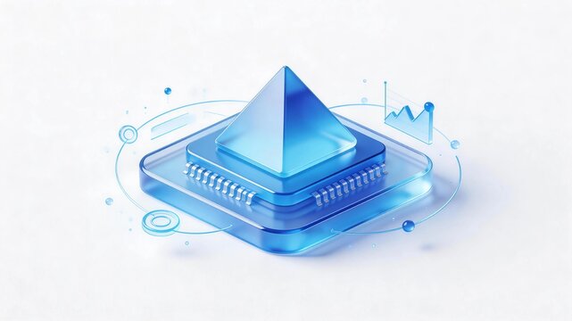 A Blue Pyramid on a Circuit Board with Data Visualization Elements