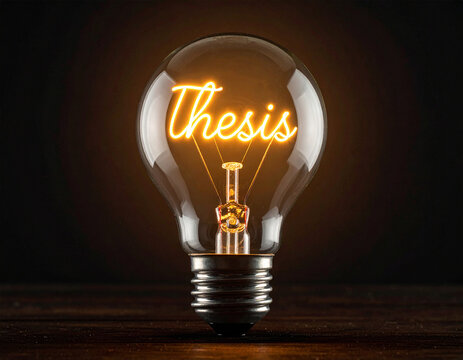 Glühbirne mit einem Glühdraht das aussieht wie das Wort " Thesis"