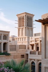 Fototapeta premium A traditional wind tower rising above historic Arab courtyard houses, intricate beige textures, clear sky, warm sunlight, authentic Middle Eastern heritage atmosphere
