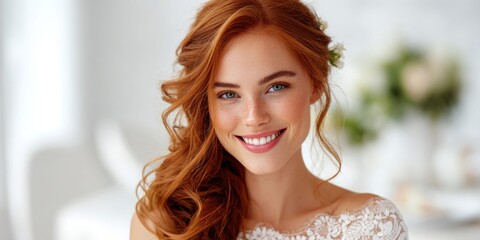 Fototapeta premium Beautiful smiling bride with red hair and freckles, wearing a lace wedding dress