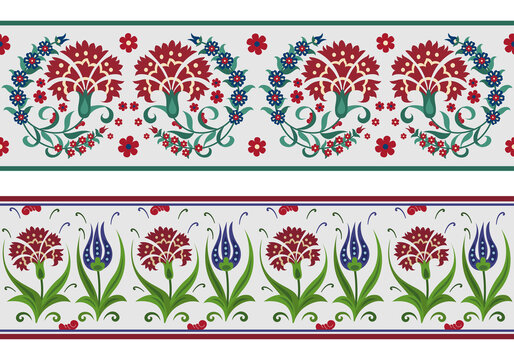 Seamless floral borders, brushes. Stylized flowers. Central Asian, Suzani, Iznik style.