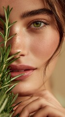 Fototapeta premium Close-up of a woman's face with green eyes and rosemary sprig, natural beauty concept