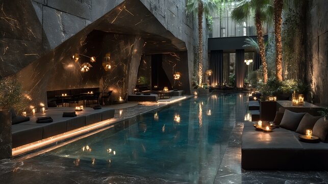 luxurious spa lounge with pool at night