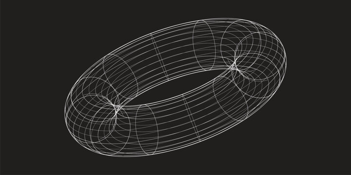 wireframe round, 3d torus shape, geometric grid mesh, futuristic tech element, white line art, abstract digital form, mathematical design, techno geometric icon, parametric donut mesh, isolated black
