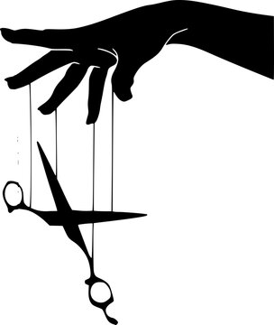 Vector graphic of hand controlling scissors with strings like a marionette puppet