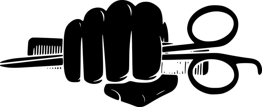 Clenched fist holding hairdressing tools in a vector graphic design