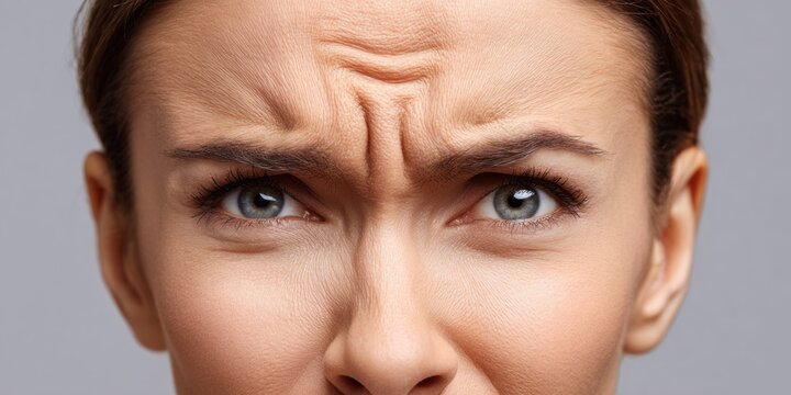 Close-up of a woman's forehead showing deep wrinkles and furrowed brow expression