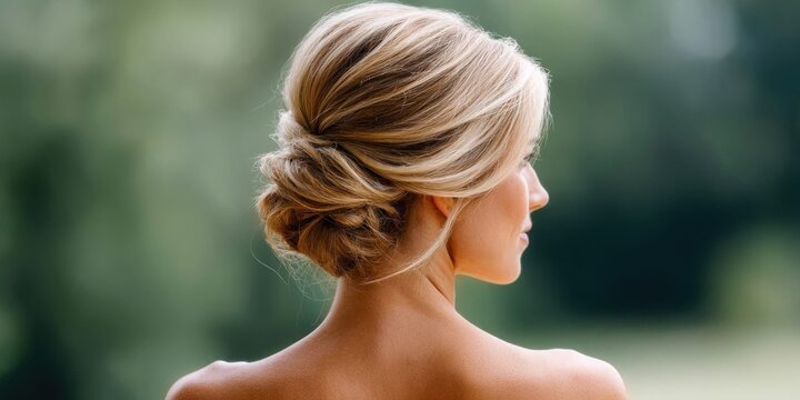 Elegant blonde woman's intricate updo hairstyle, perfect for weddings and formal events