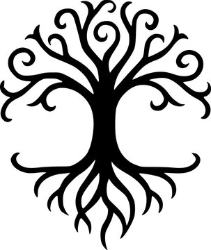 Abstract black and white floral ornament vector illustration featuring a tribal tree silhouette with elegant leaf branches for a nature-inspired tattoo design
