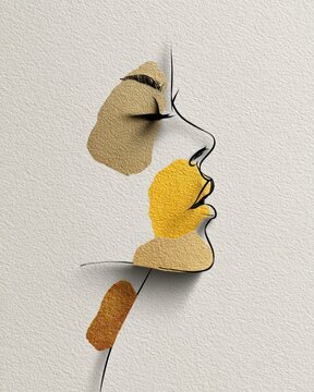 Abstract minimalist line art of a woman's face with gold and beige accents