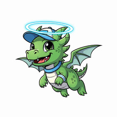 Obraz premium Green dragon cub with blue cap and halo flying