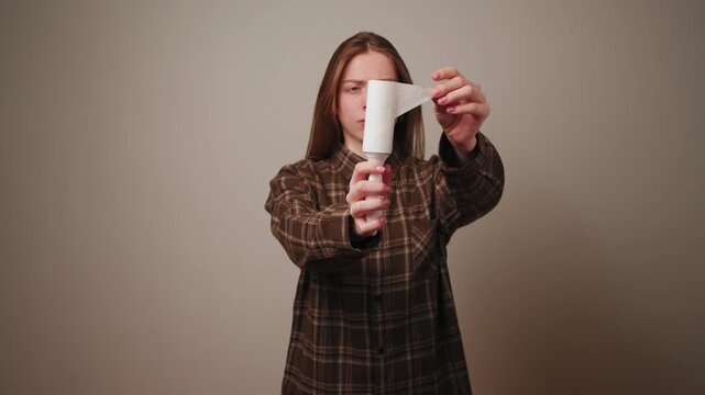 Stylish woman unrolling sticky lint roller in front of her face against minimal wall background