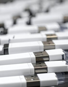 Rows of White USB Flash Drives for Data Storage.