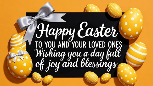 Festive happy easter greeting design adorned with colorful decorative eggs and a shiny silver bow.