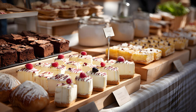 Beautiful white pastries & brownies on display at food stall