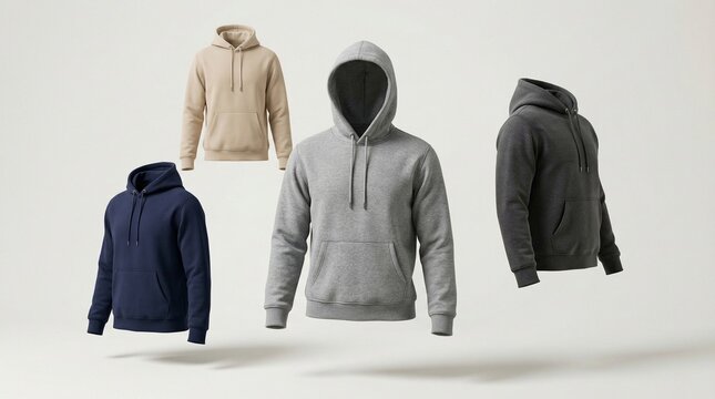 Collection of four premium quality hoodies floating in a studio setting