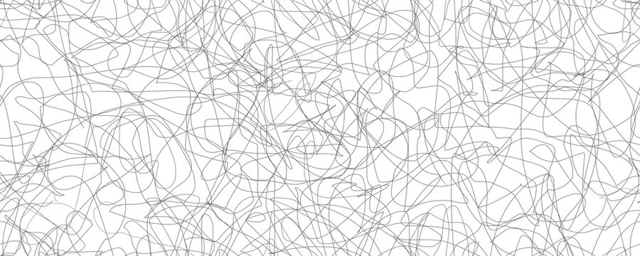 Seamless pattern with gray graphite pencil scribbles. Black and white hand drawn texture. Horizontal background with loose, chaotic pencil strokes. Tangled ball of lines