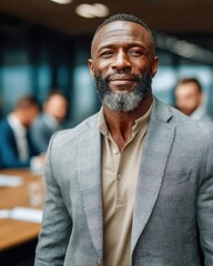 Obraz premium Confident Black businessman in his 50s with a distinguished grey beard in a modern office setting