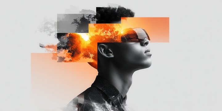 Abstract digital art of a person's profile with fragmented fiery sky overlay