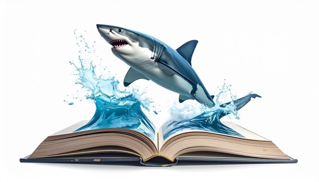 開いた本のページから大波とともに飛び出すサメのアート