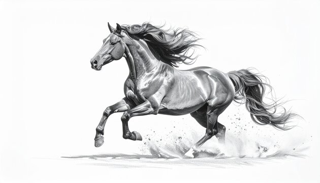 白背景で躍動感あふれる馬が疾走する精細な鉛筆デッサン